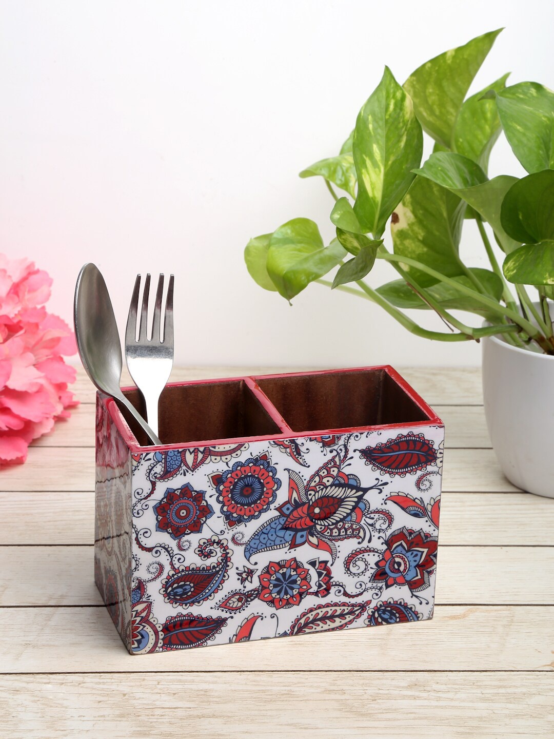 

ROMEE Maroon & White Printed Wooden Cutlery Holder With 2 Compartment