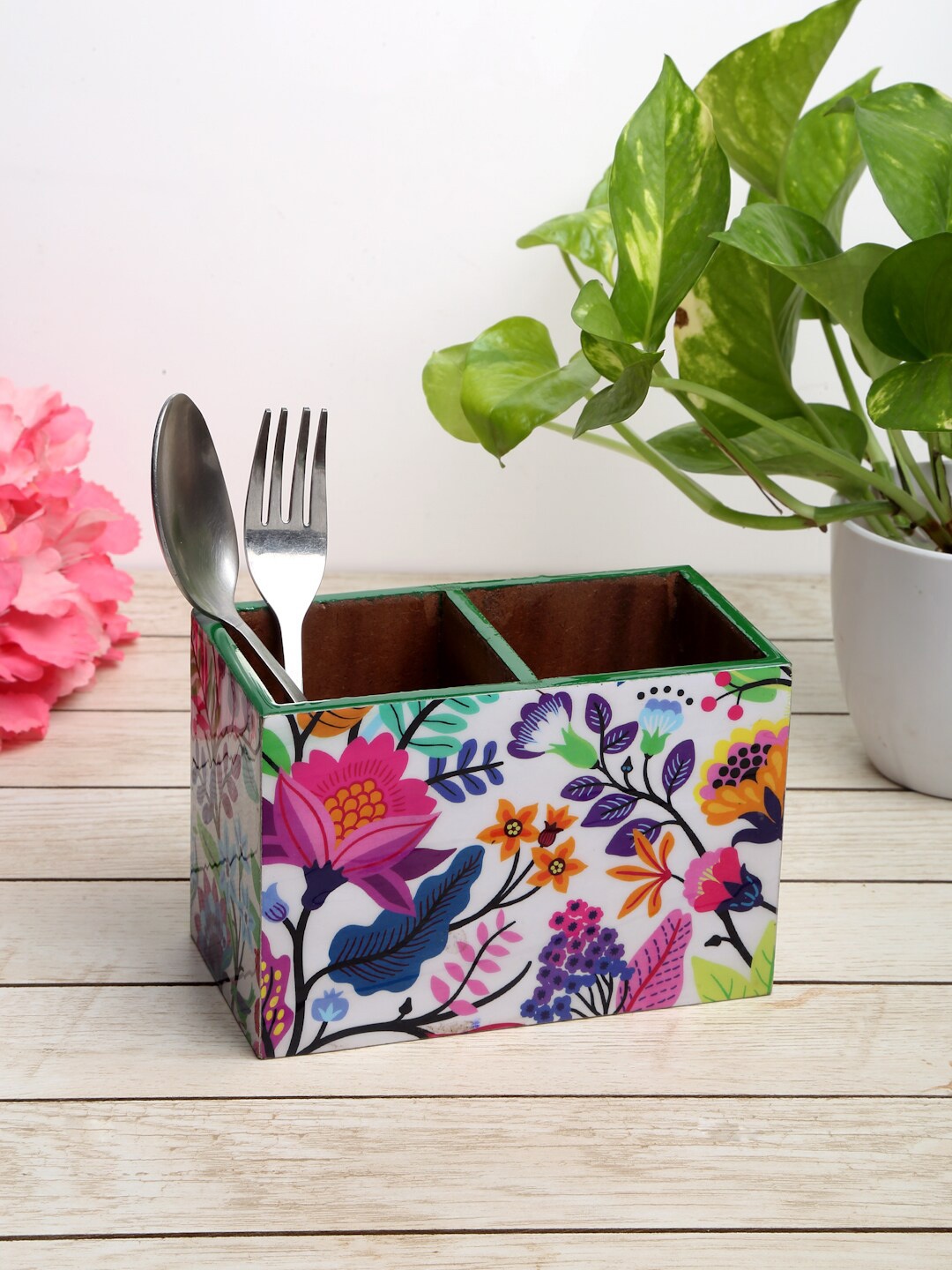 

ROMEE White & Blue Printed Wooden 2-Compartment Cutlery Holder