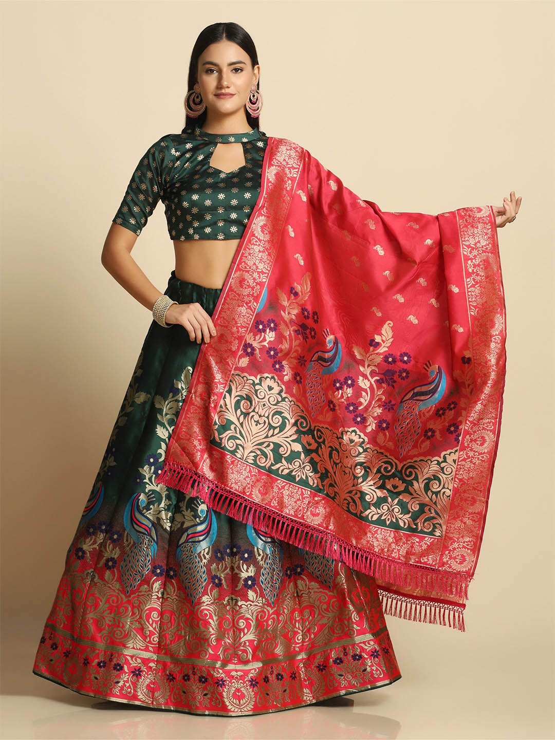 

Atsevam Green & Red Tie and Dye Semi-Stitched Lehenga & Unstitched Blouse With Dupatta