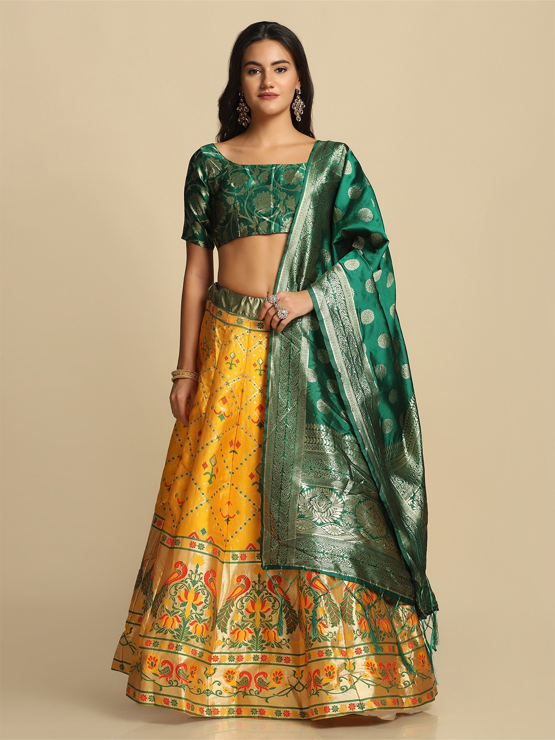 

Atsevam Women Yellow & Green Semi-Stitched Lehenga & Unstitched Blouse With Dupatta