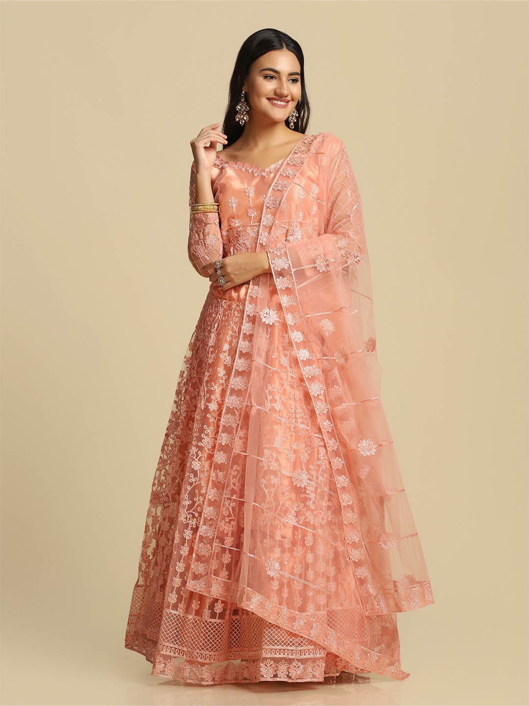 

Atsevam Women Peach Embroidered Semi-Stitched Lehenga & Unstitched Blouse With Dupatta