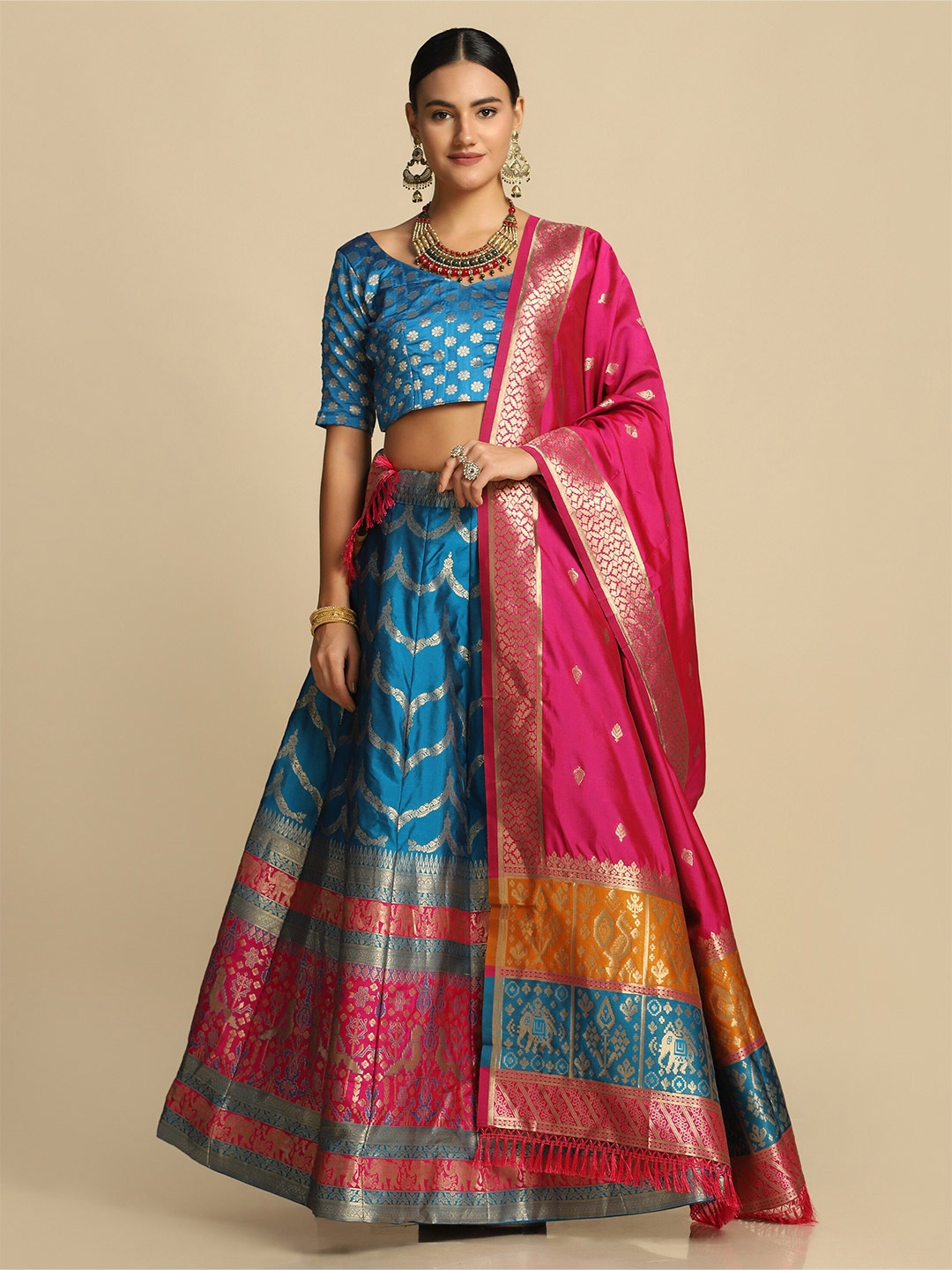 

Atsevam Women Turquoise Blue & Pink Semi-Stitched Lehenga & Unstitched Blouse & Dupatta