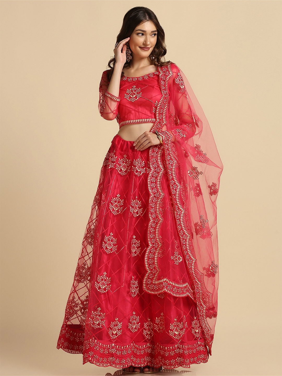 

Atsevam Women Pink Embroidered Semi-Stitched Lehenga & Unstitched Blouse With Dupatta