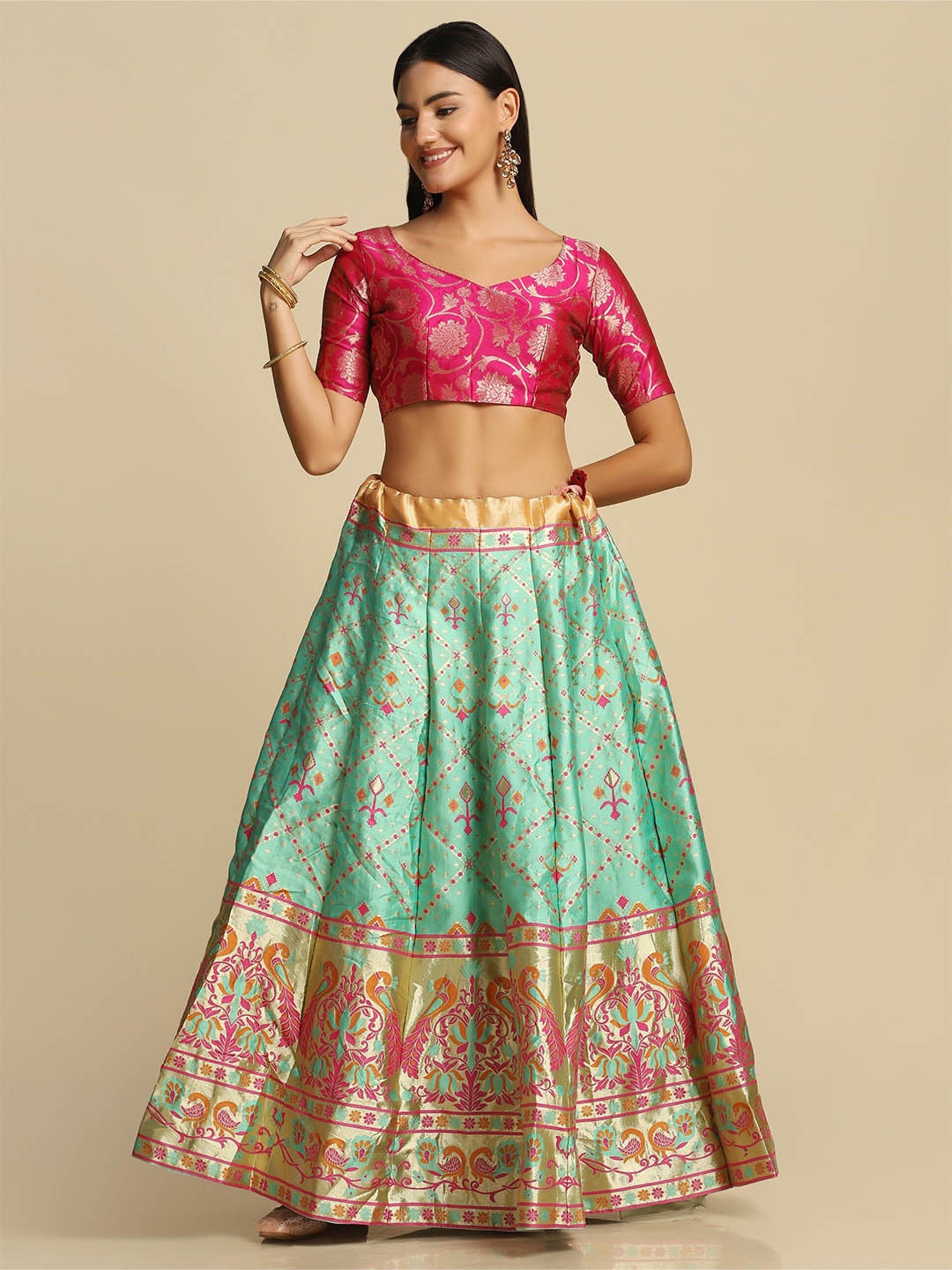 

Atsevam Green & Pink Tie and Dye Semi-Stitched Lehenga & Unstitched Blouse With Dupatta