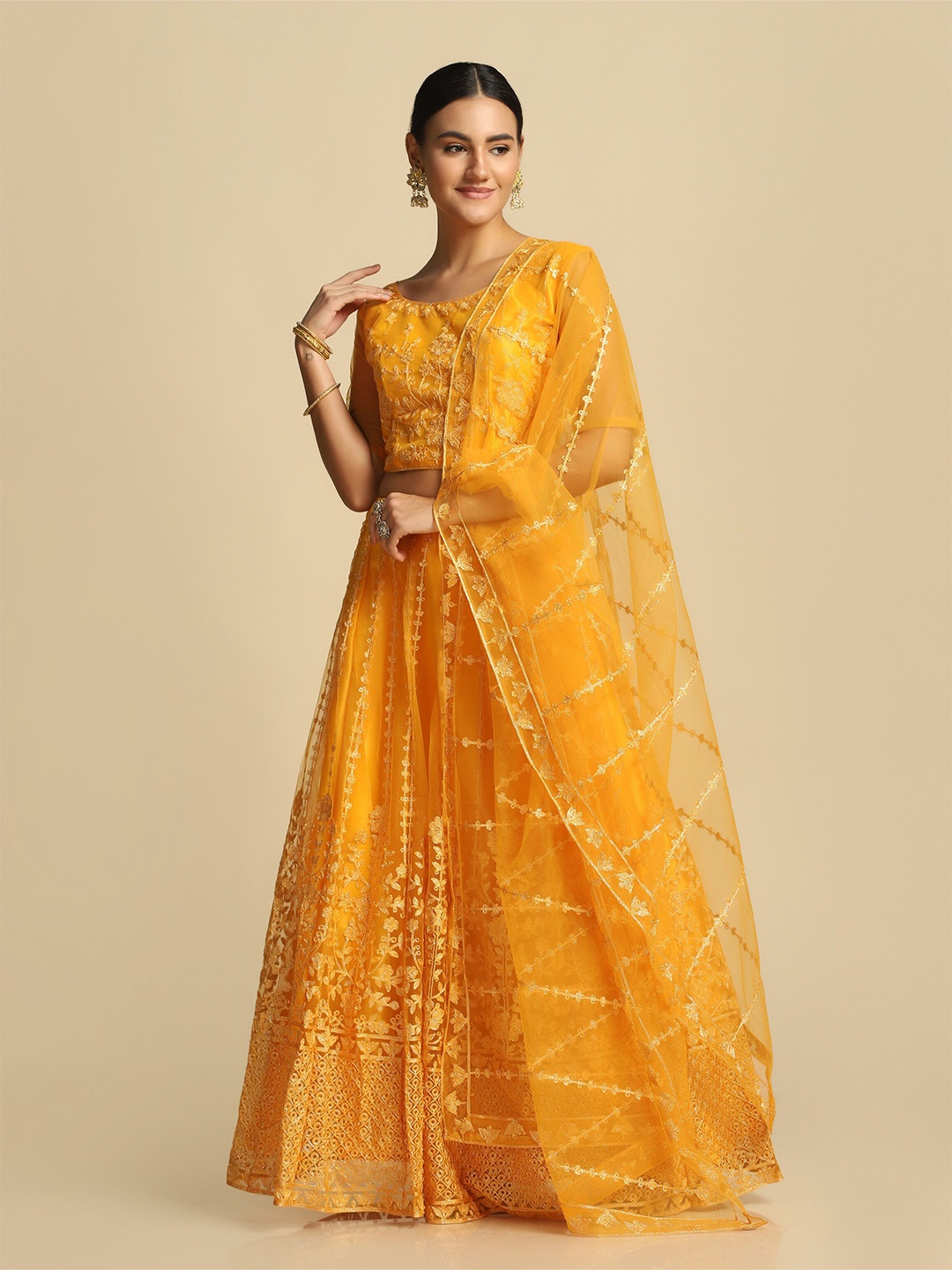 

Atsevam Yellow Embroidered Semi-Stitched Lehenga & Unstitched Blouse With Dupatta