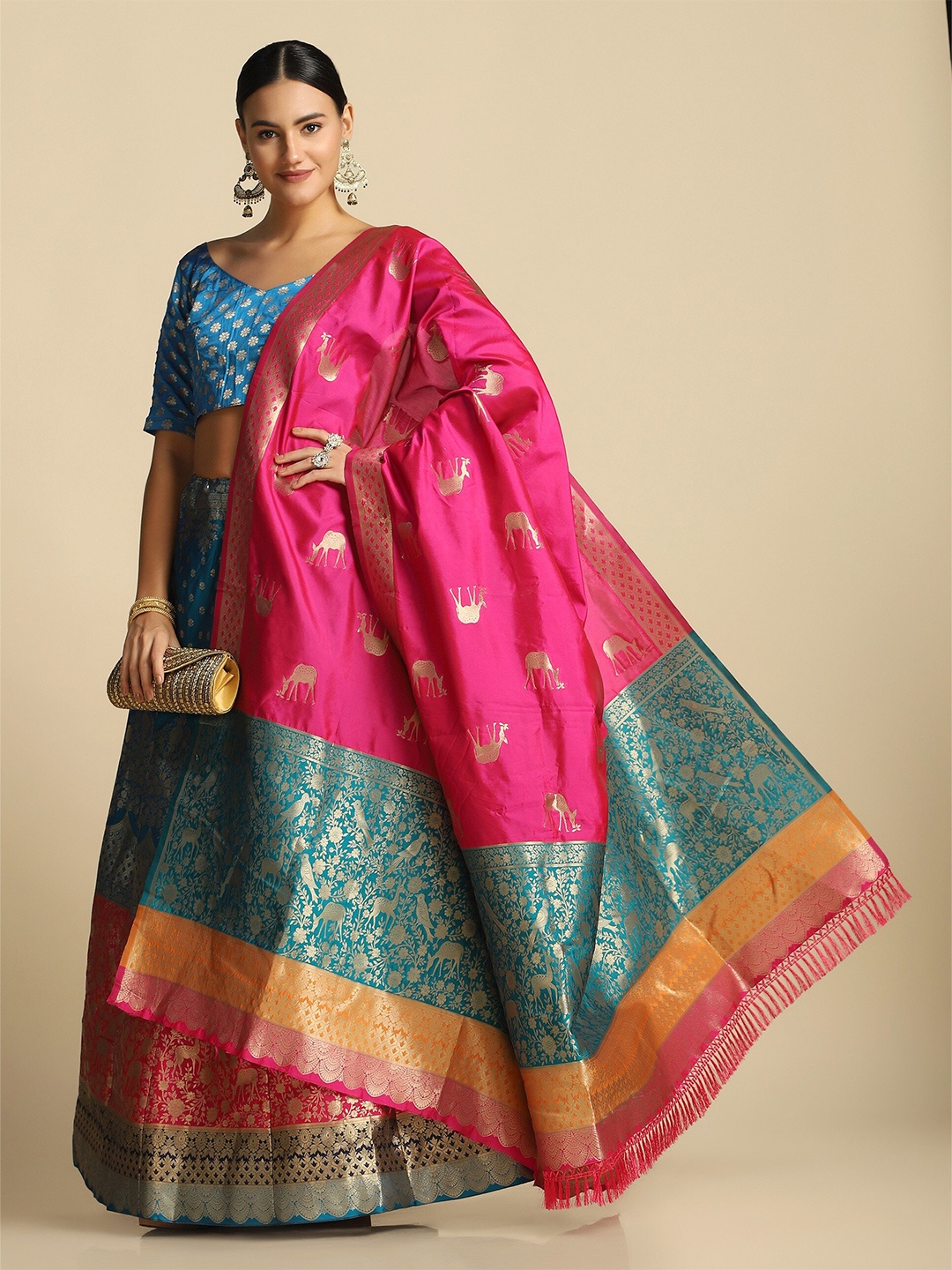 

Atsevam Turquoise Blue & Pink Semi-Stitched Lehenga & Unstitched Blouse With Dupatta