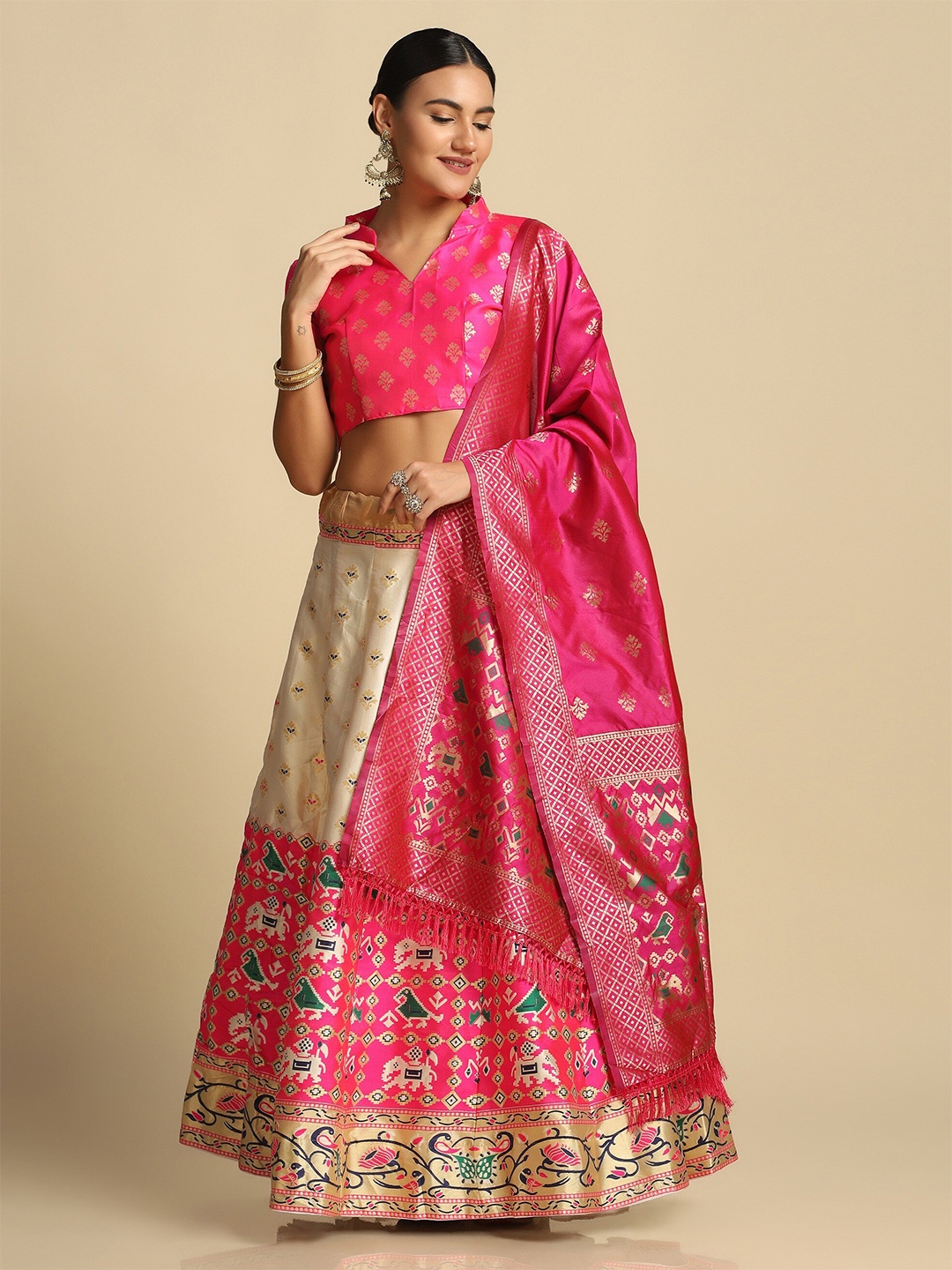 

Atsevam Women Pink & Cream Semi-Stitched Lehenga & Unstitched Blouse With Dupatta