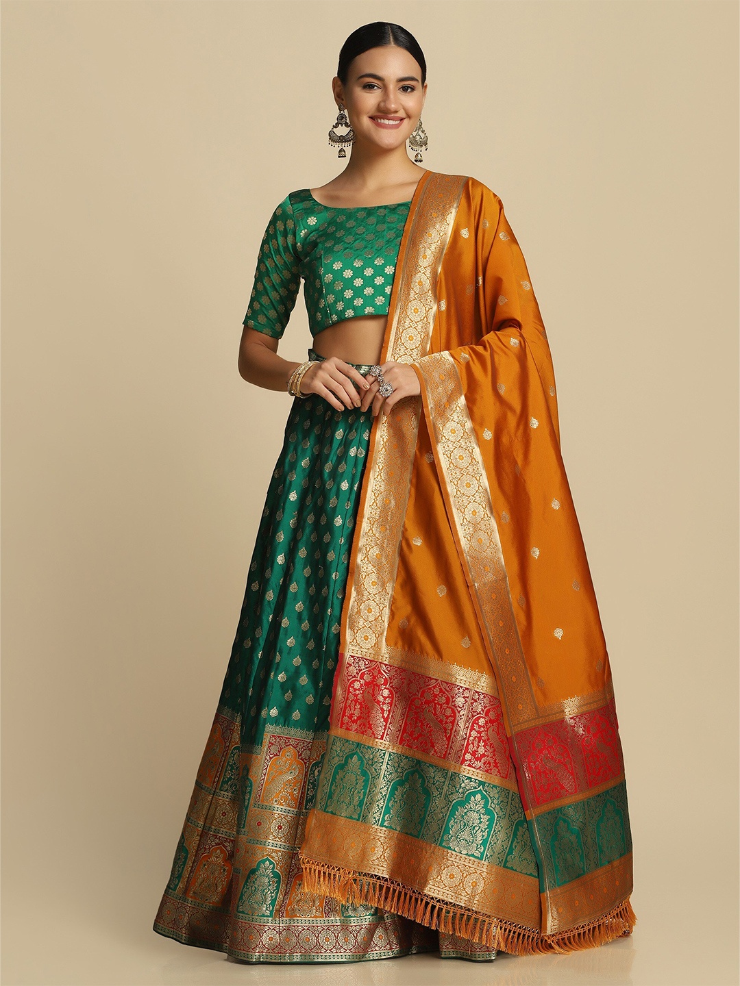 

Atsevam Women Green & Mustard Semi-Stitched Lehenga & Unstitched Blouse With Dupatta