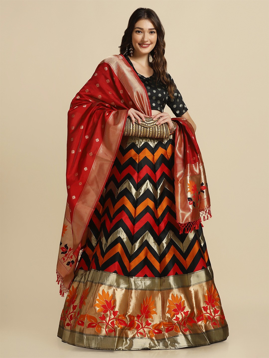 

Atsevam Women Black & Red Semi-Stitched Lehenga & Unstitched Blouse With Dupatta