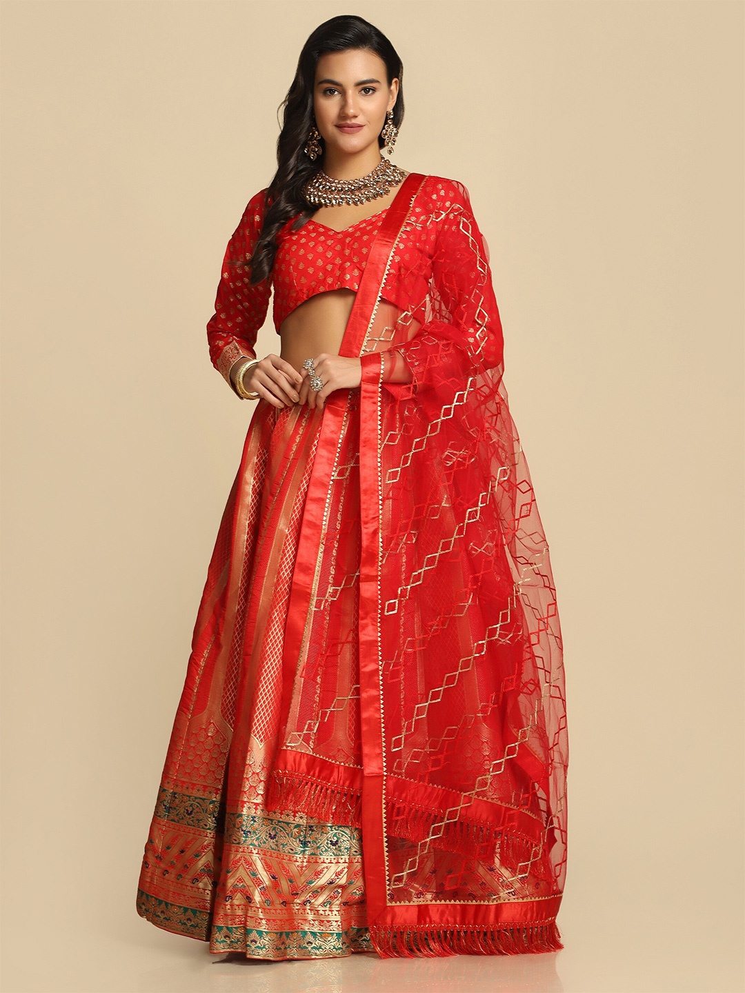 

Atsevam Red & Gold-Toned Semi-Stitched Lehenga & Unstitched Blouse With Dupatta