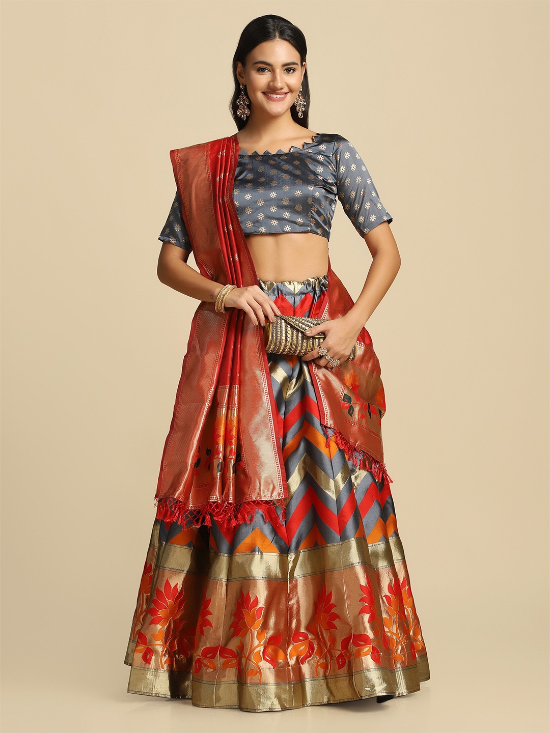 

Atsevam Grey & Red Tie and Dye Semi-Stitched Lehenga & Unstitched Blouse With Dupatta