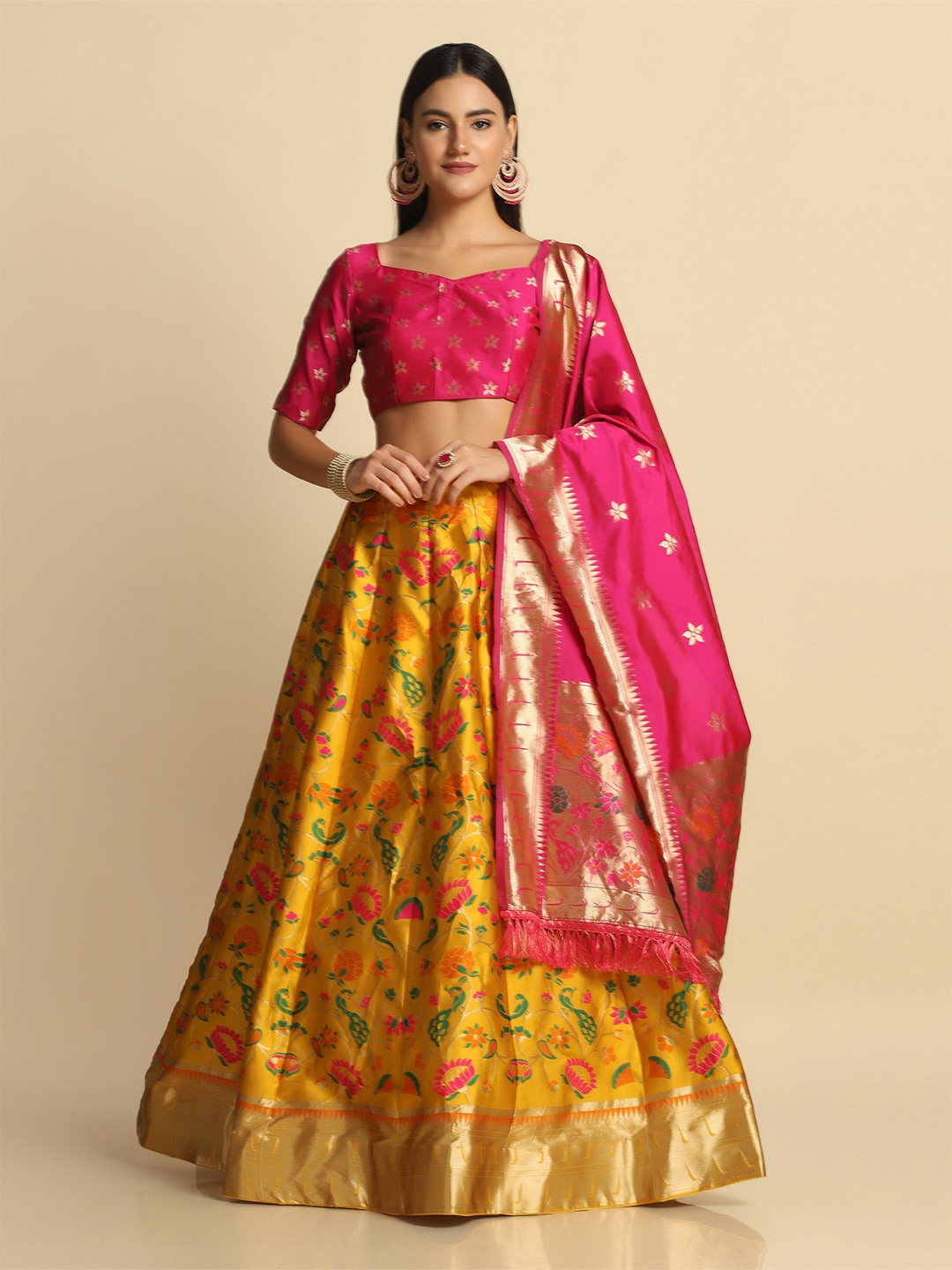 

Atsevam Yellow & Pink Semi-Stitched Lehenga & Unstitched Blouse With Dupatta