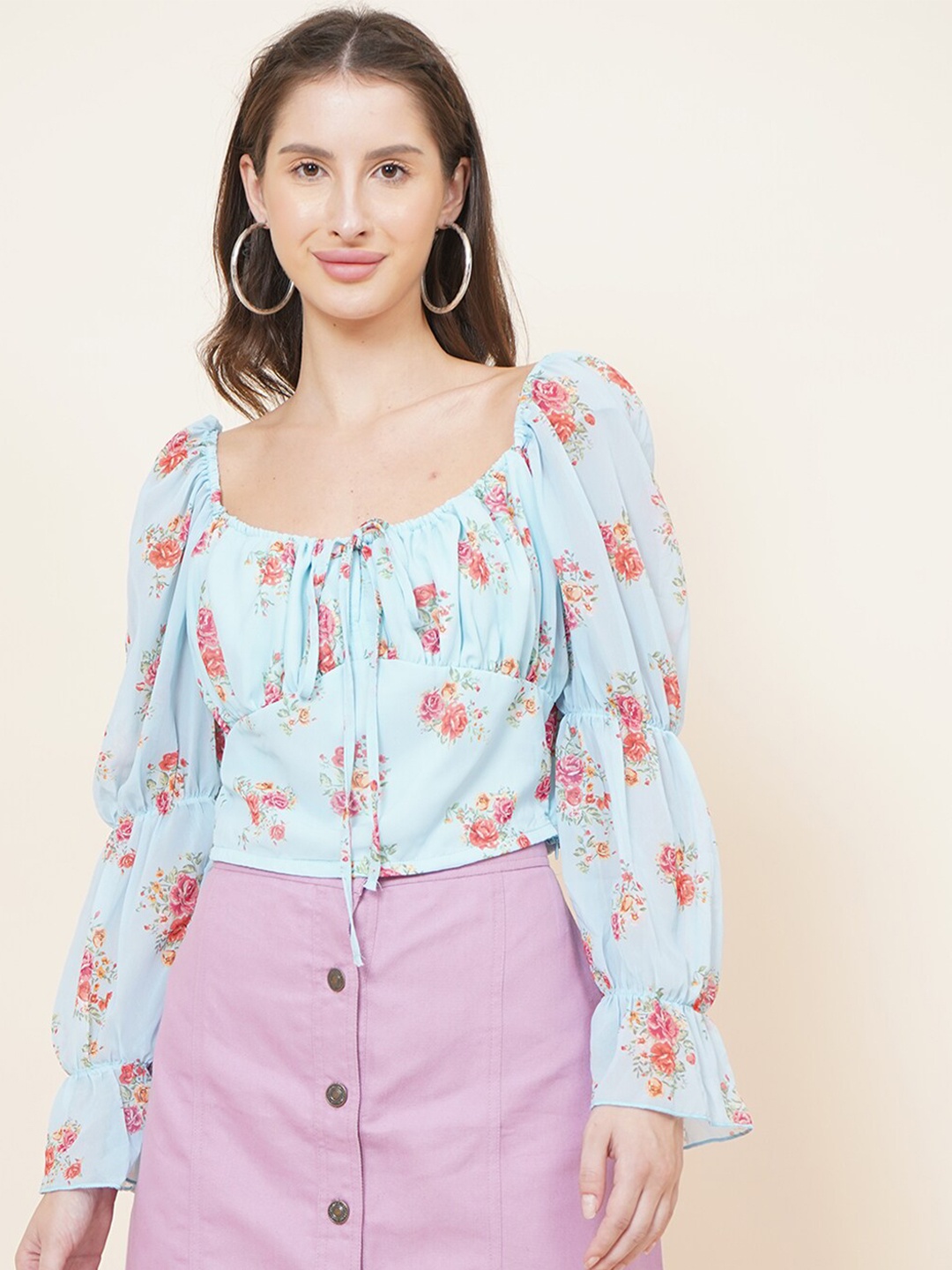 DressBerry Blue Floral Print Tie-Up Neck Georgette Top