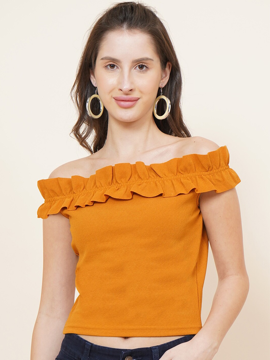 

DressBerry Mustard Yellow Off-Shoulder Bardot Crop Top