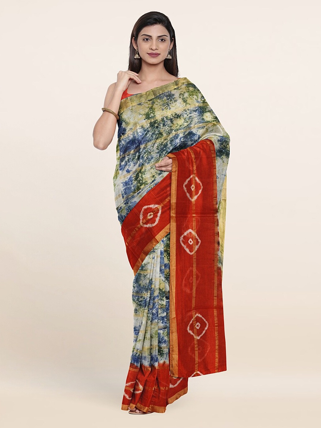 

Pothys Blue & Orange Tie and Dye Zari Pure Cotton Saree