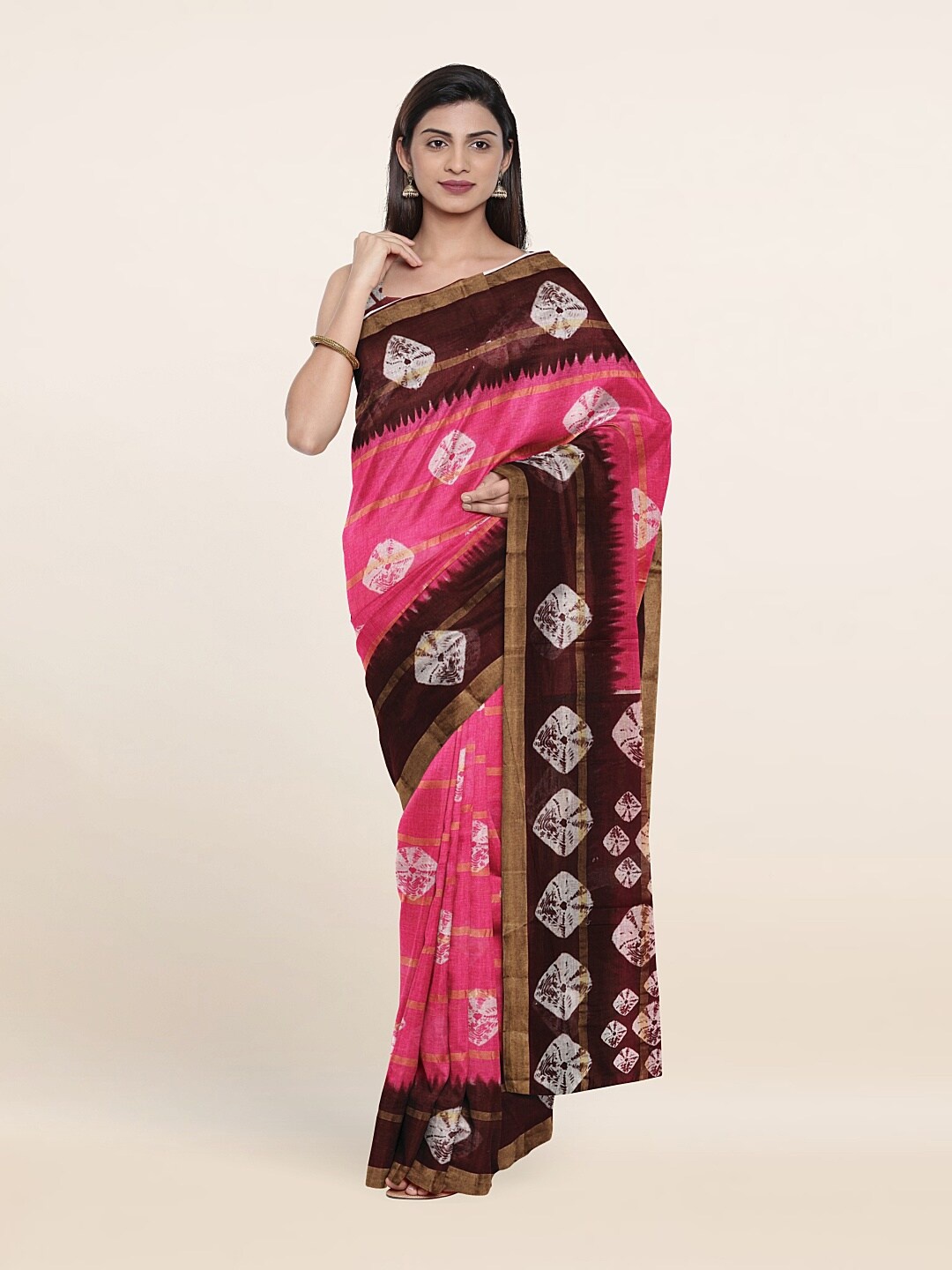 

Pothys Pink & Brown Tie and Dye Zari Pure Cotton Saree