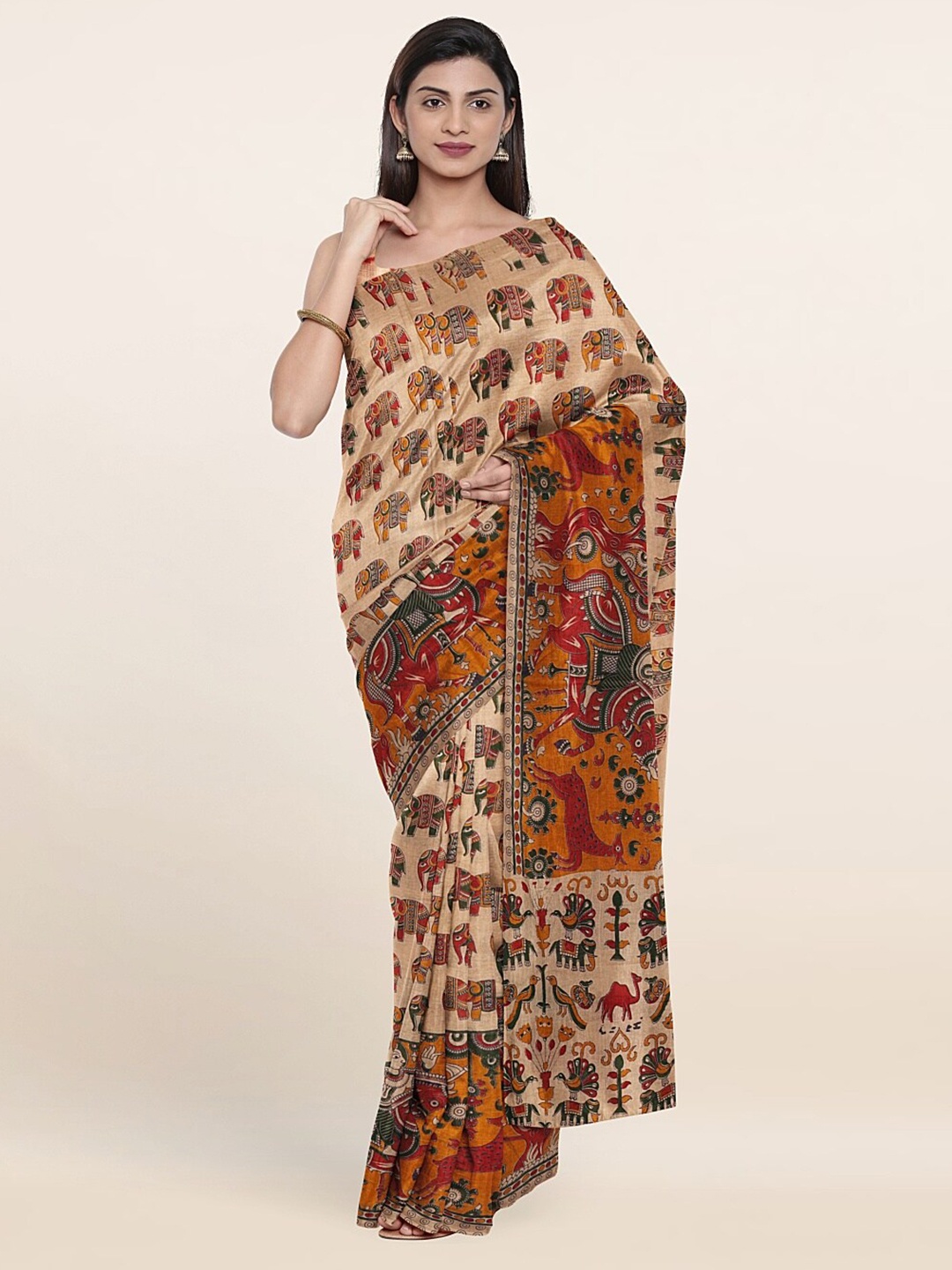 

Pothys Cream-Coloured & Green Ethnic Motifs Pure Cotton Saree