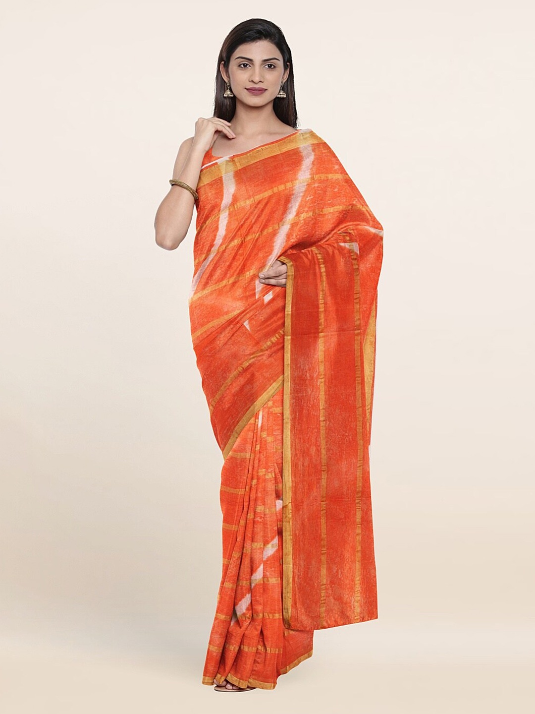 

Pothys Orange & Gold-Toned Striped Zari Pure Cotton Saree