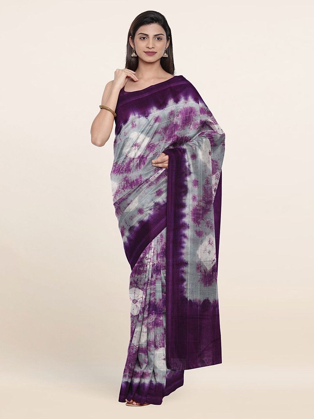 

Pothys Grey & Purple Bandhani Pure Cotton Saree