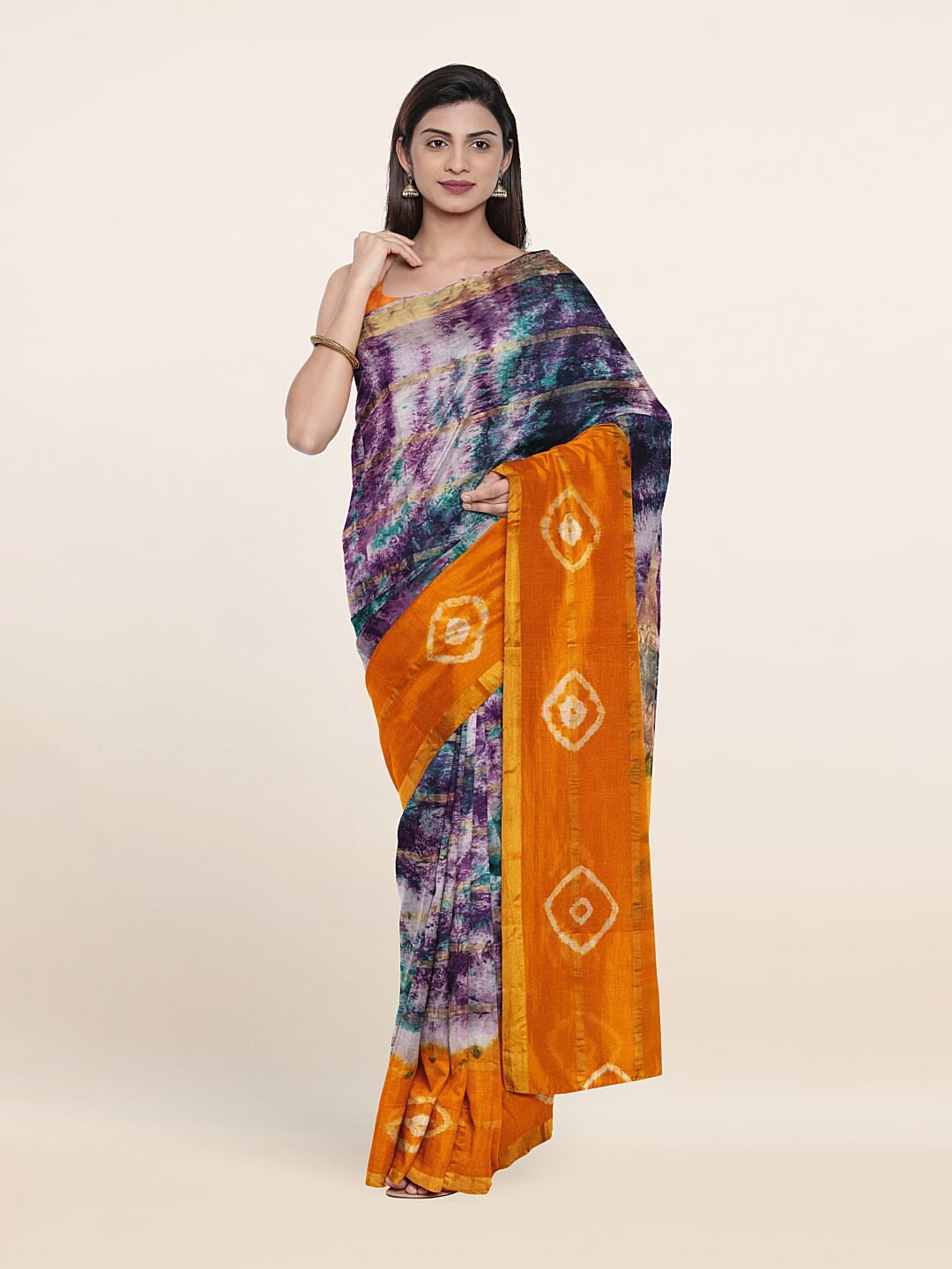 

Pothys Orange & Blue Tie and Dye Zari Pure Cotton Saree
