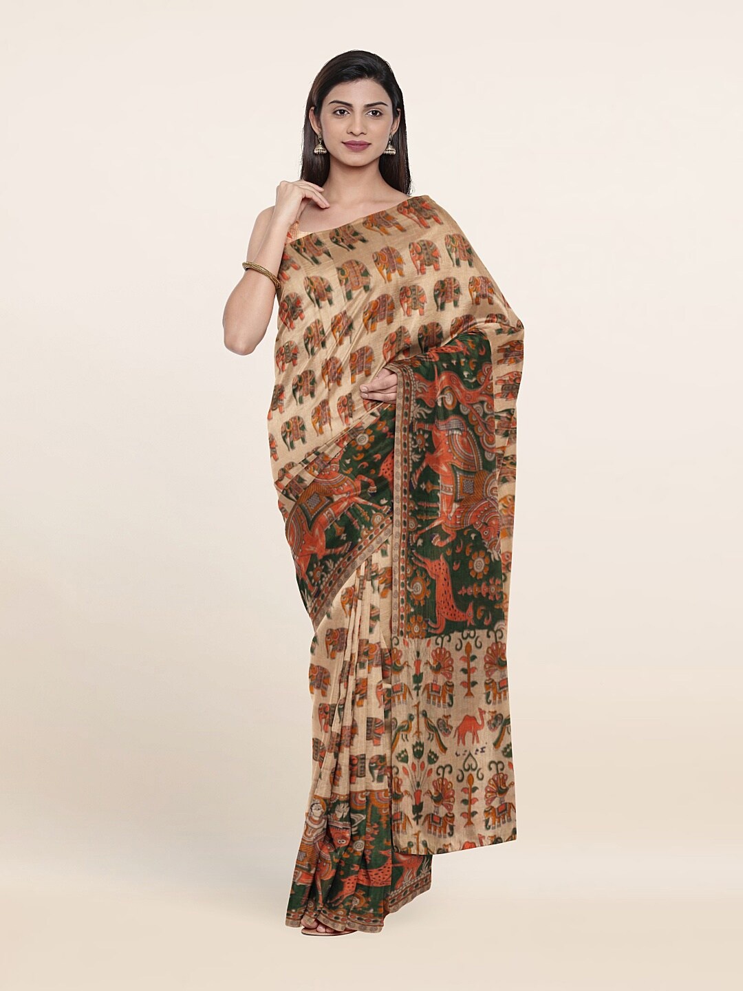 

Pothys Cream-Coloured & Green Ethnic Motifs Pure Cotton Saree
