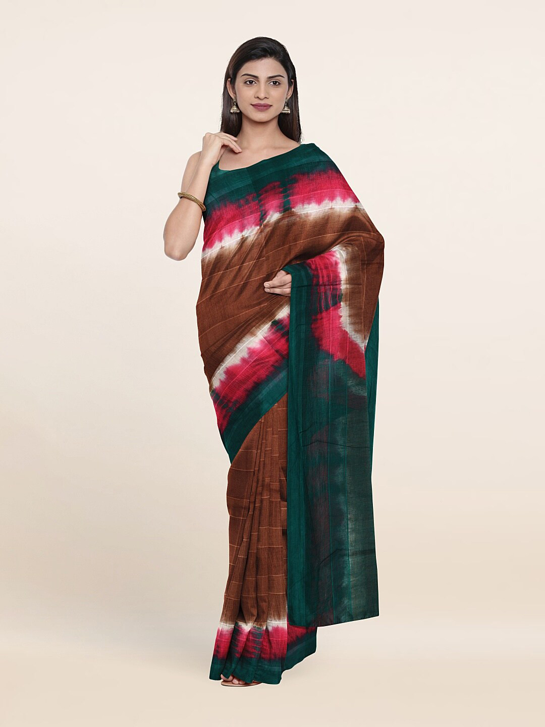 

Pothys Brown & Green Tie and Dye Pure Cotton Saree