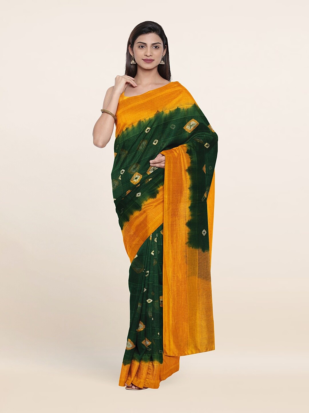 

Pothys Green & Orange Bandhani Zari Pure Cotton Saree