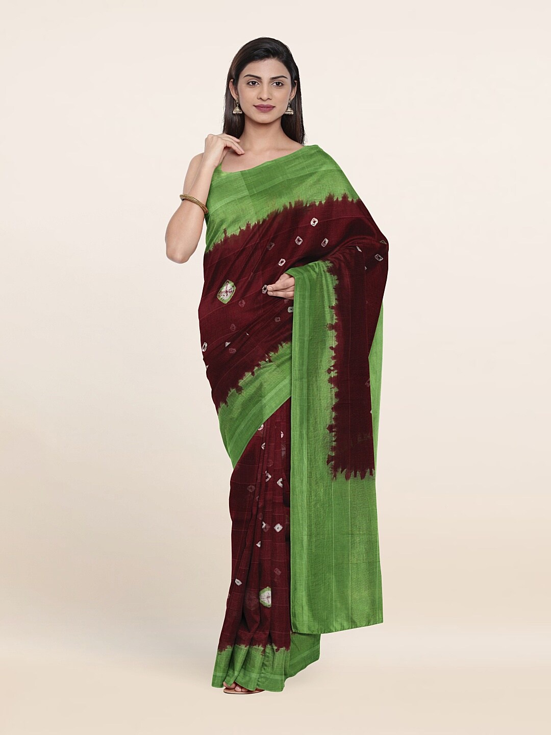 

Pothys Brown & Green Bandhani Pure Cotton Saree