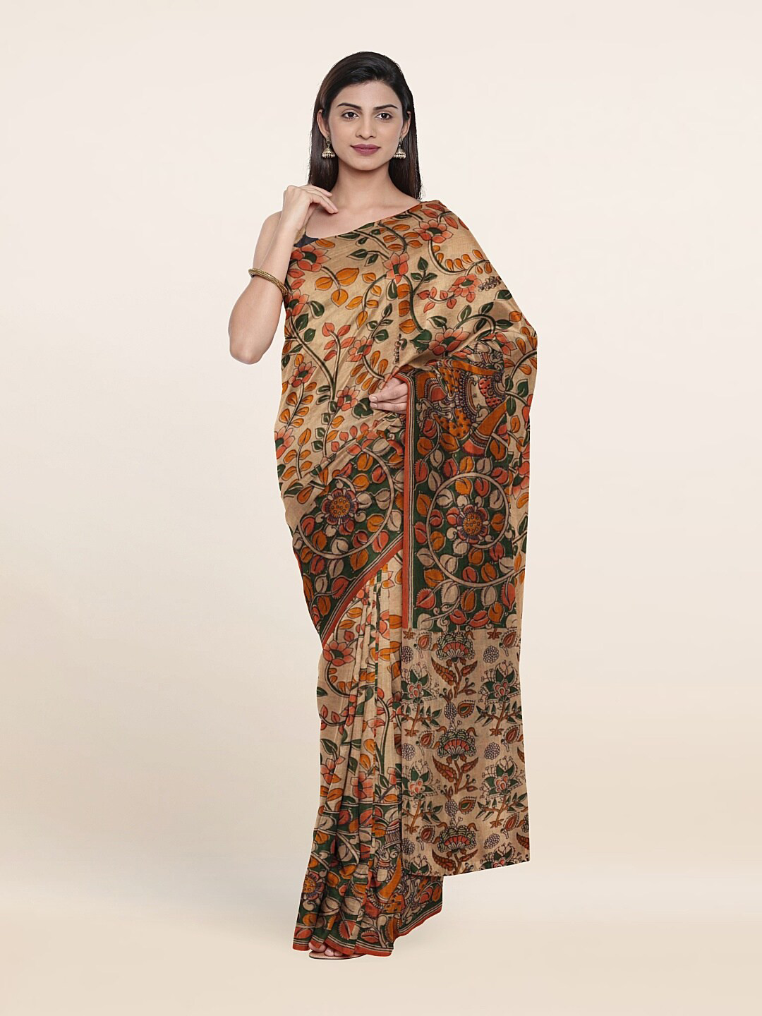 

Pothys Cream-Coloured & Green Ethnic Motifs Pure Cotton Saree
