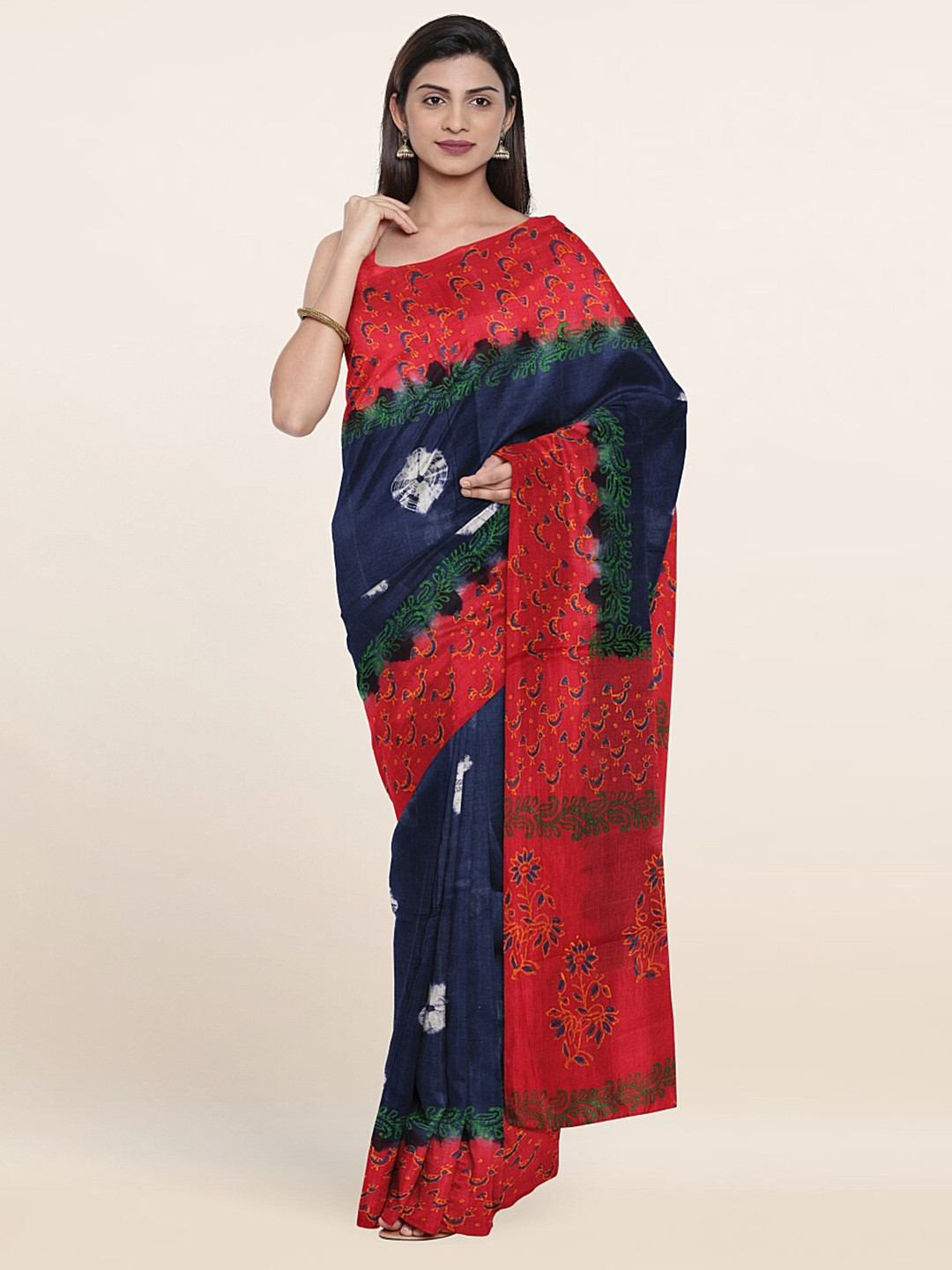 

Pothys Blue And Red Bandhani Pure Cotton Saree