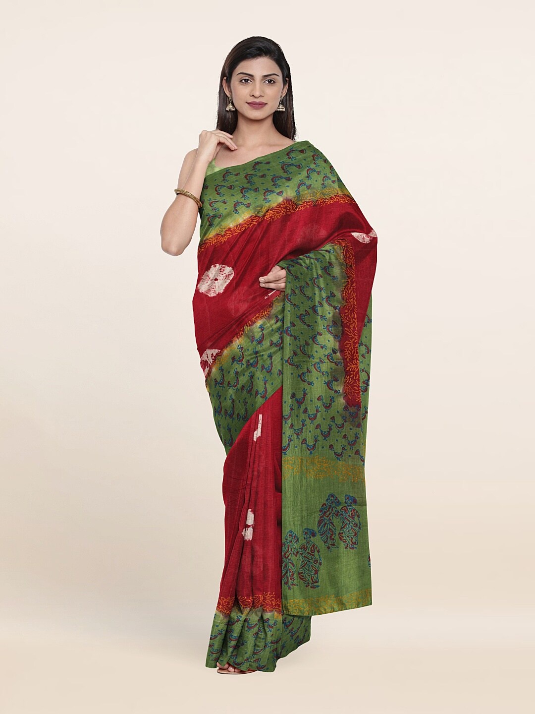 

Pothys Maroon & Green Bandhani Pure Cotton Saree