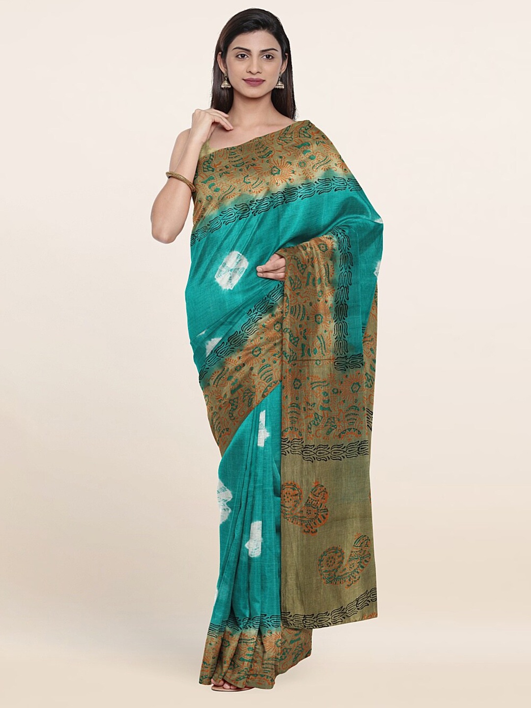 

Pothys Green And Gold Toned Ethnic Print Border Tie And Dye Pure Cotton Saree