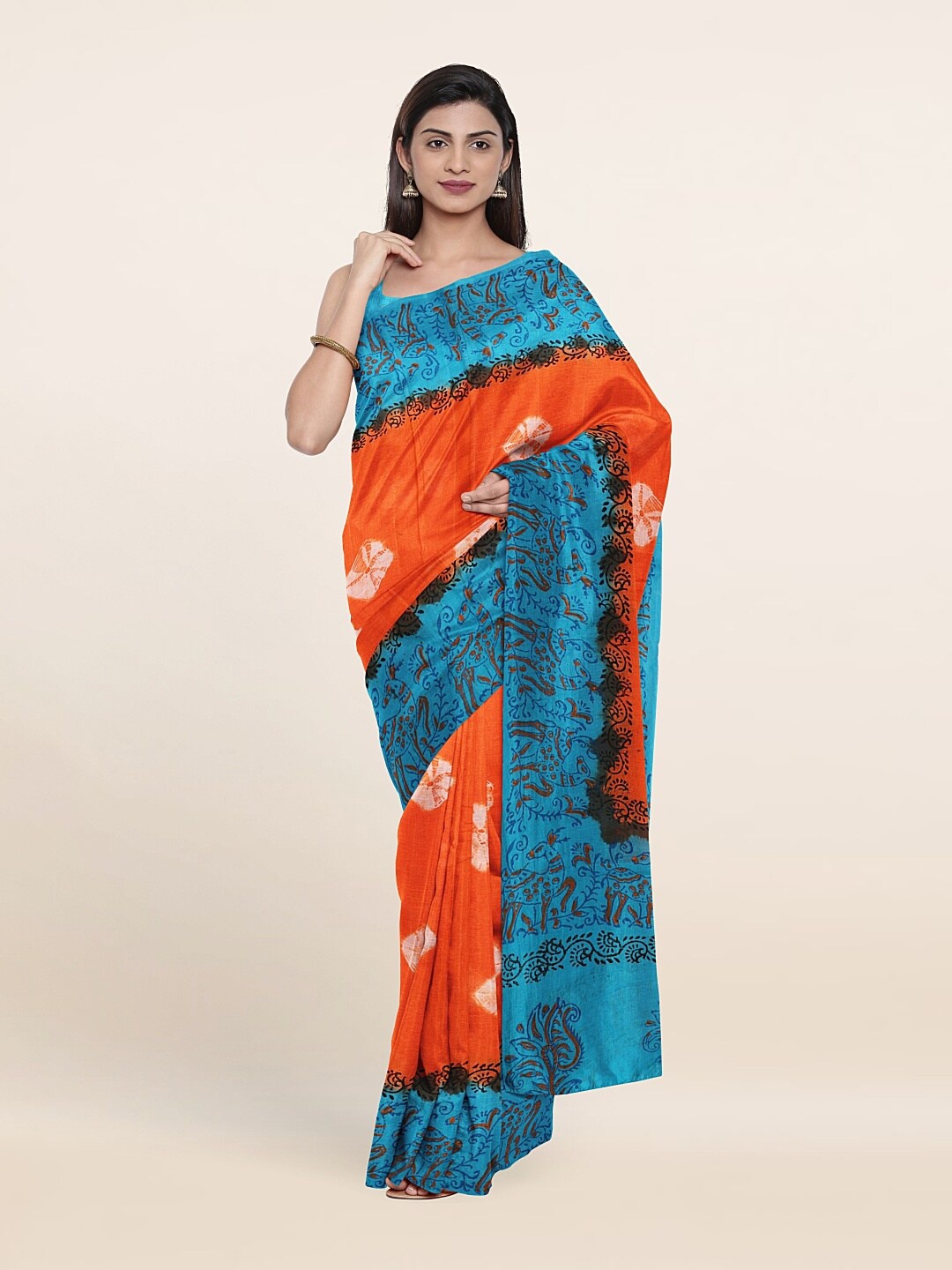 

Pothys Orange And Blue Ethnic Print Border Tie And Dye Pure Cotton Saree