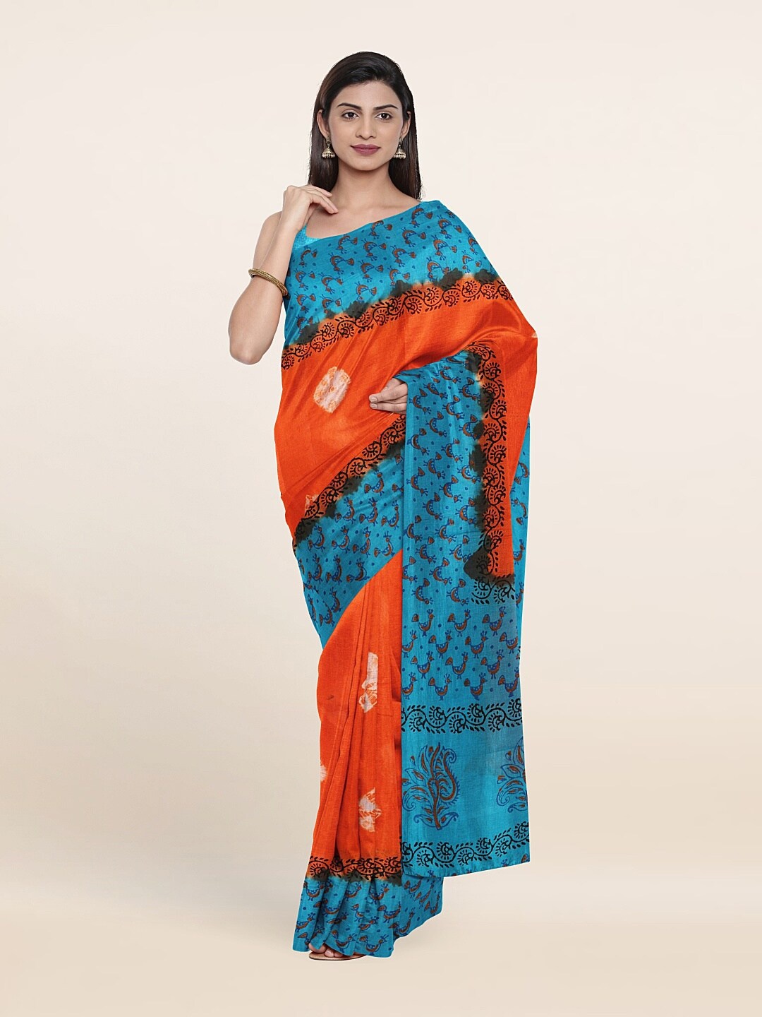 

Pothys Orange And Blue Ethnic Print Border Tie And Dye Pure Cotton Saree