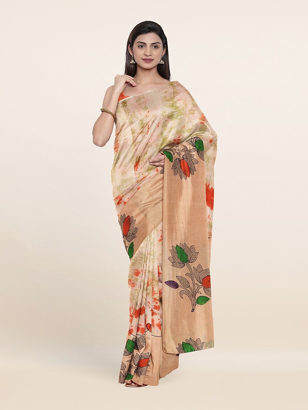 

Pothys Cream And Orange Floral Print Border Tie And Dye Pure Cotton Saree