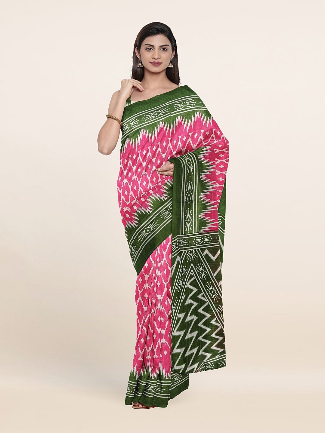 

Pothys Pink And Green Geometric Print Pure Cotton Saree