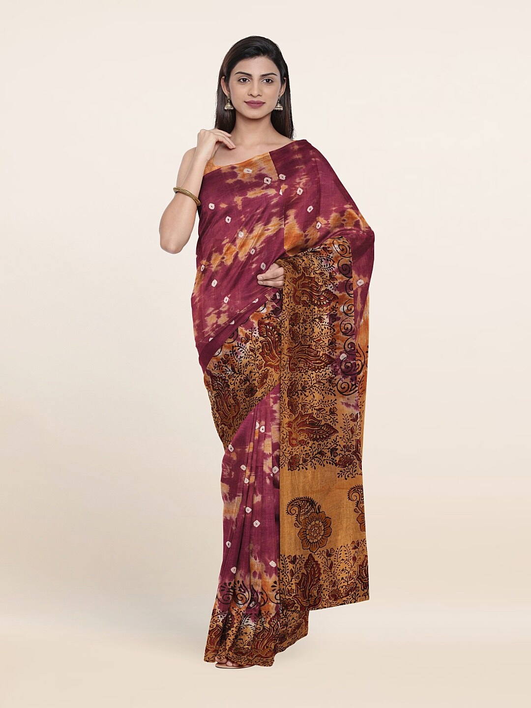 

Pothys Purple And Brown Ethnic Motifs Print Tie And Dye Pure Cotton Saree