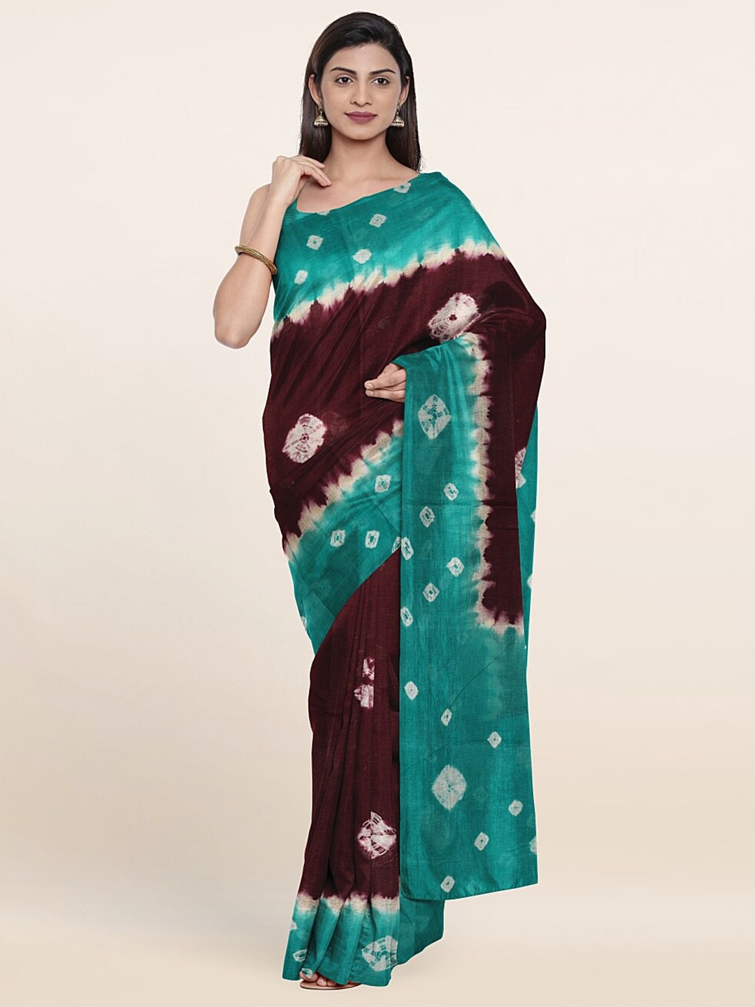 

Pothys Purple And Turquoise Blue Bandhani Pure Cotton Saree