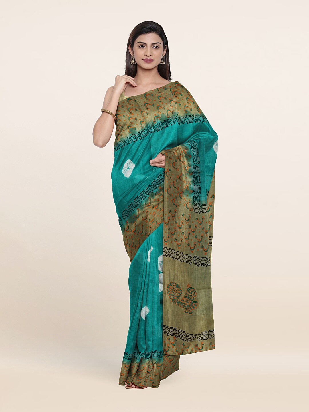 

Pothys Green And Grey Bandhani Pure Cotton Saree