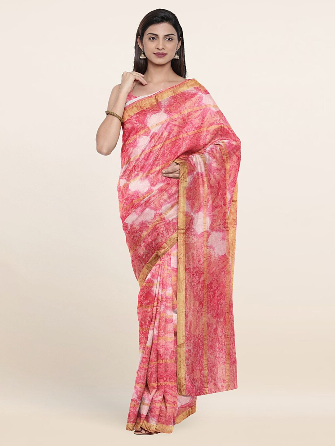 

Pothys Pink & Gold-Toned Tie and Dye Pure Cotton Saree