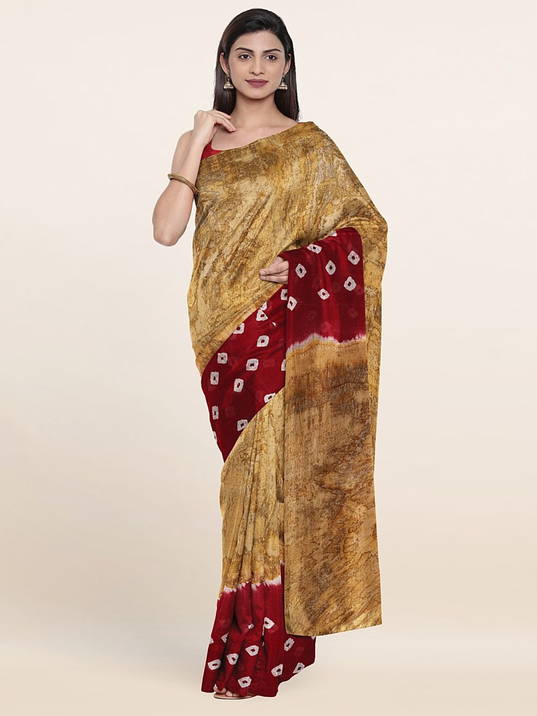 

Pothys Cream-Coloured & Red Bandhani Pure Cotton Saree