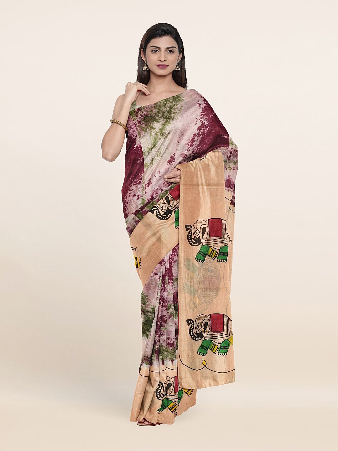 

Pothys Peach-Coloured & Green Tie and Dye Pure Cotton Saree