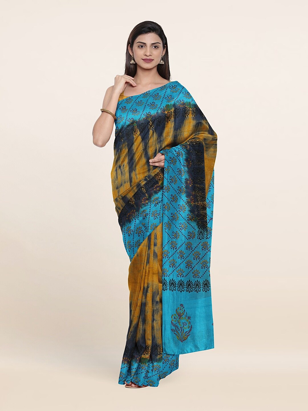 

Pothys Blue & Mustard Tie and Dye Pure Cotton Saree