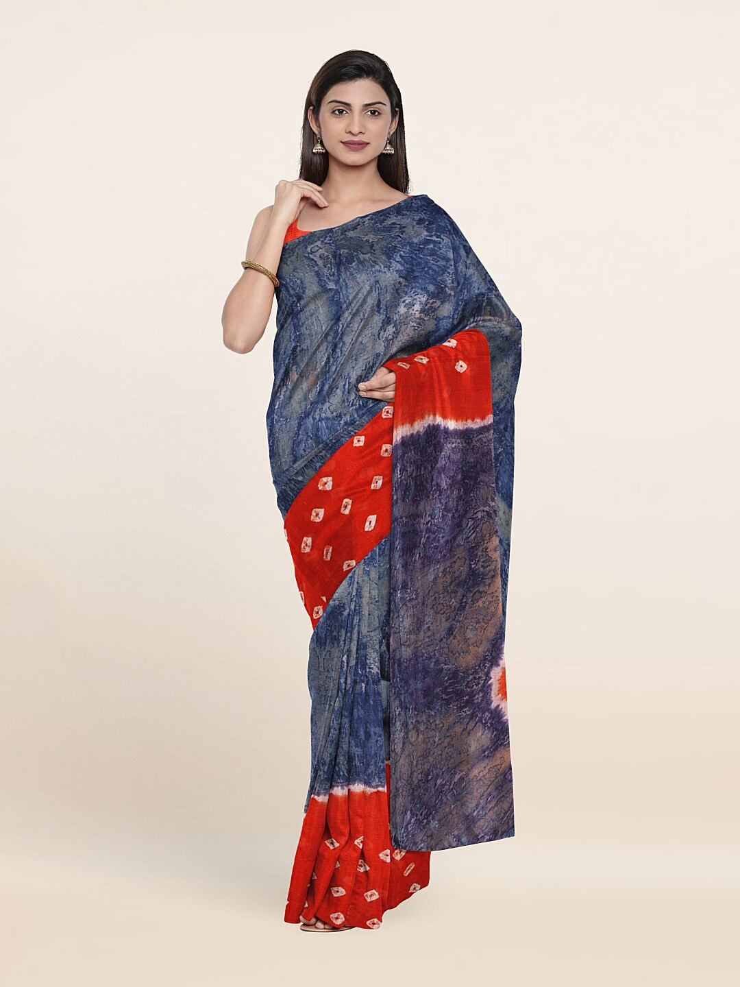 

Pothys Blue & Red Bandhani Pure Cotton Saree
