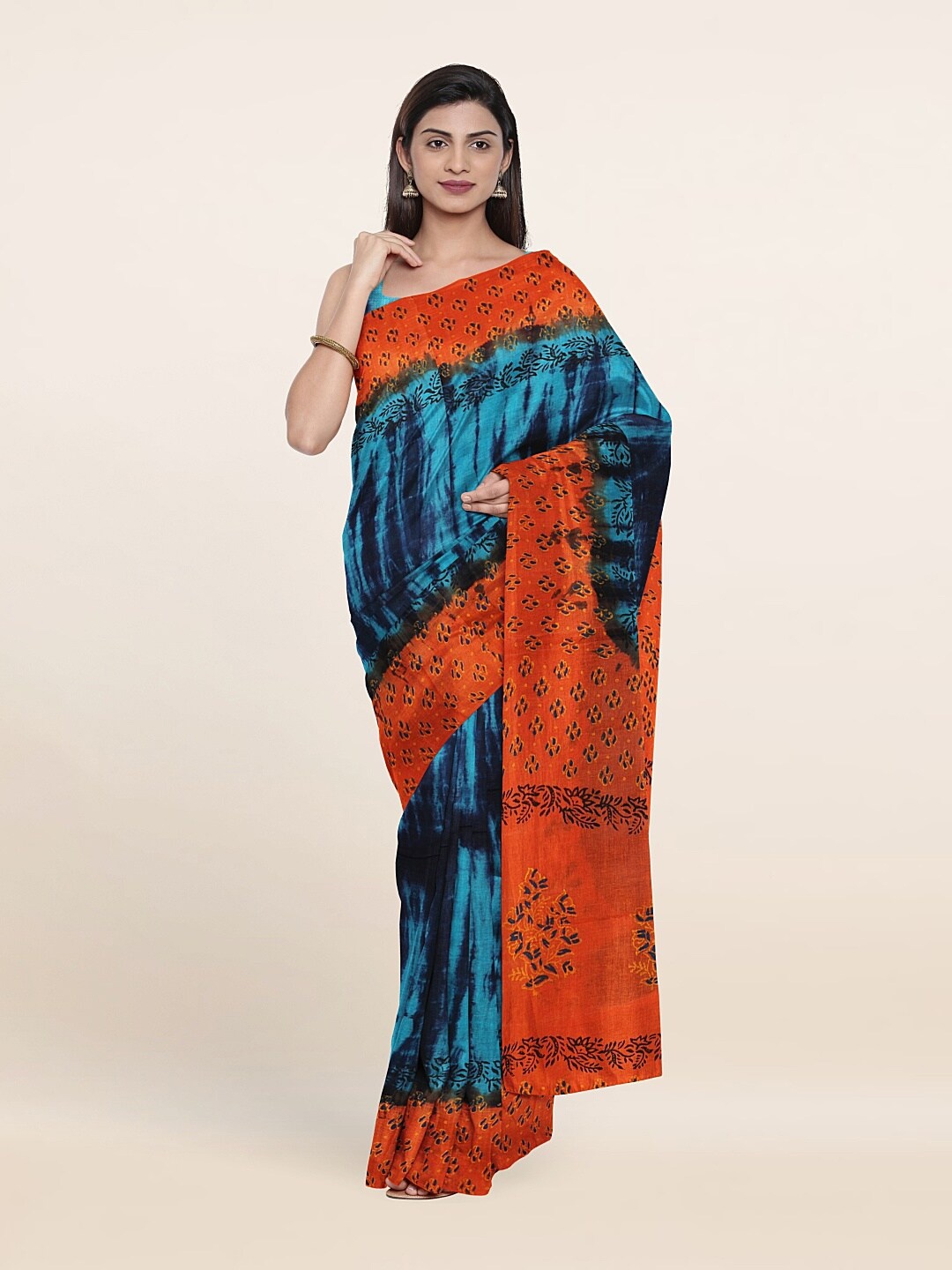 

Pothys Blue & Orange Tie and Dye Pure Cotton Saree