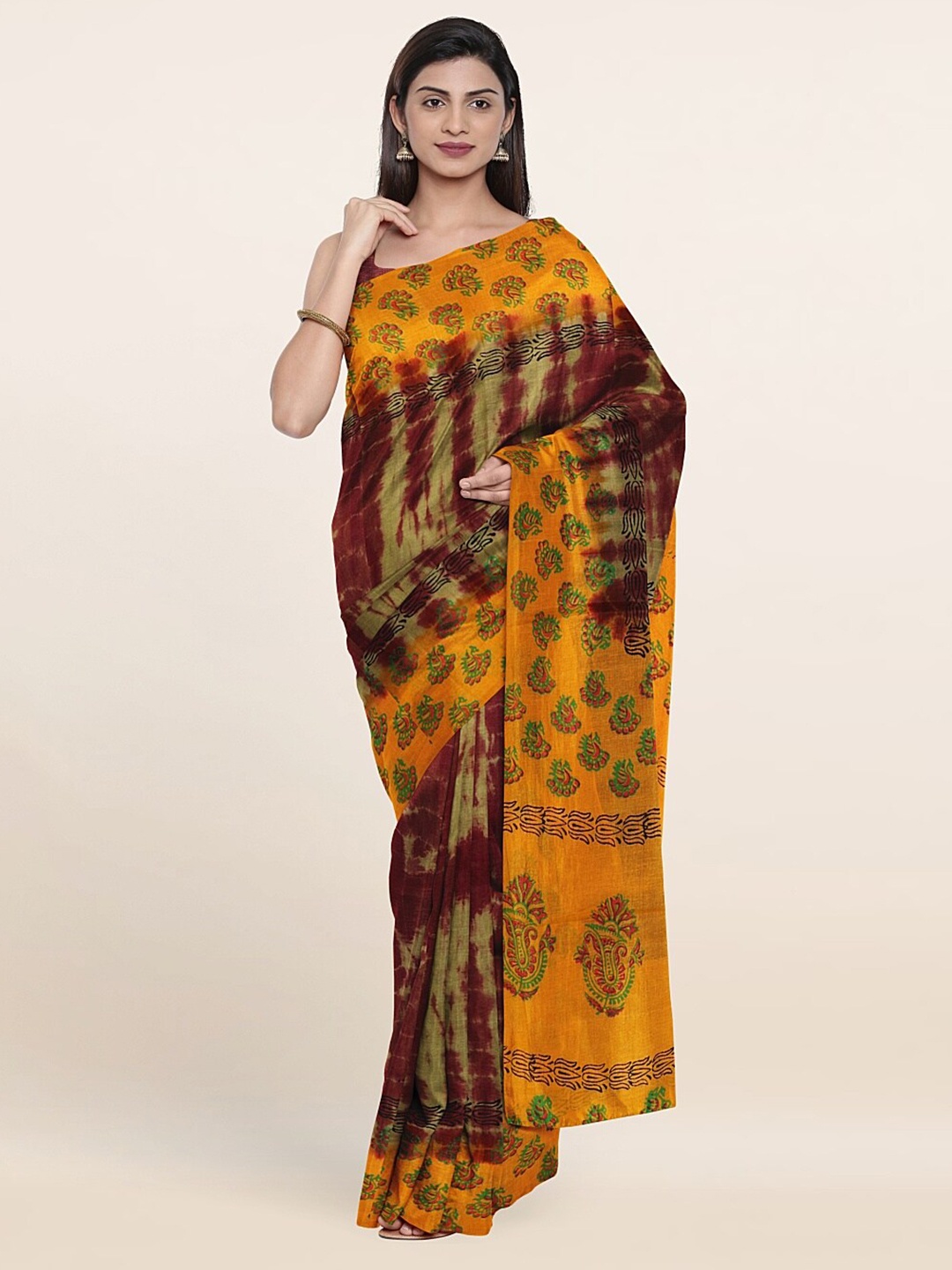 

Pothys Green & Brown Tie and Dye Pure Cotton Saree