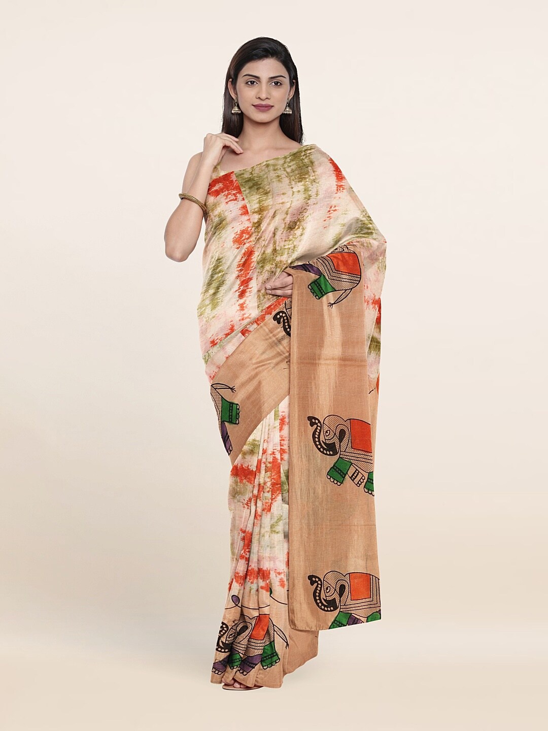 

Pothys Beige & Cream-Coloured Tie and Dye Pure Cotton Saree