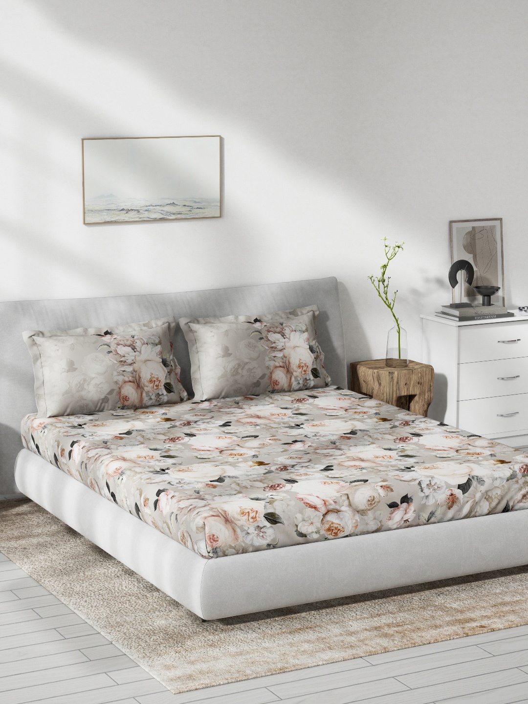 DDecor Grey & Orange Floral 130 TC Queen Bedsheet with 2 Pillow Covers
