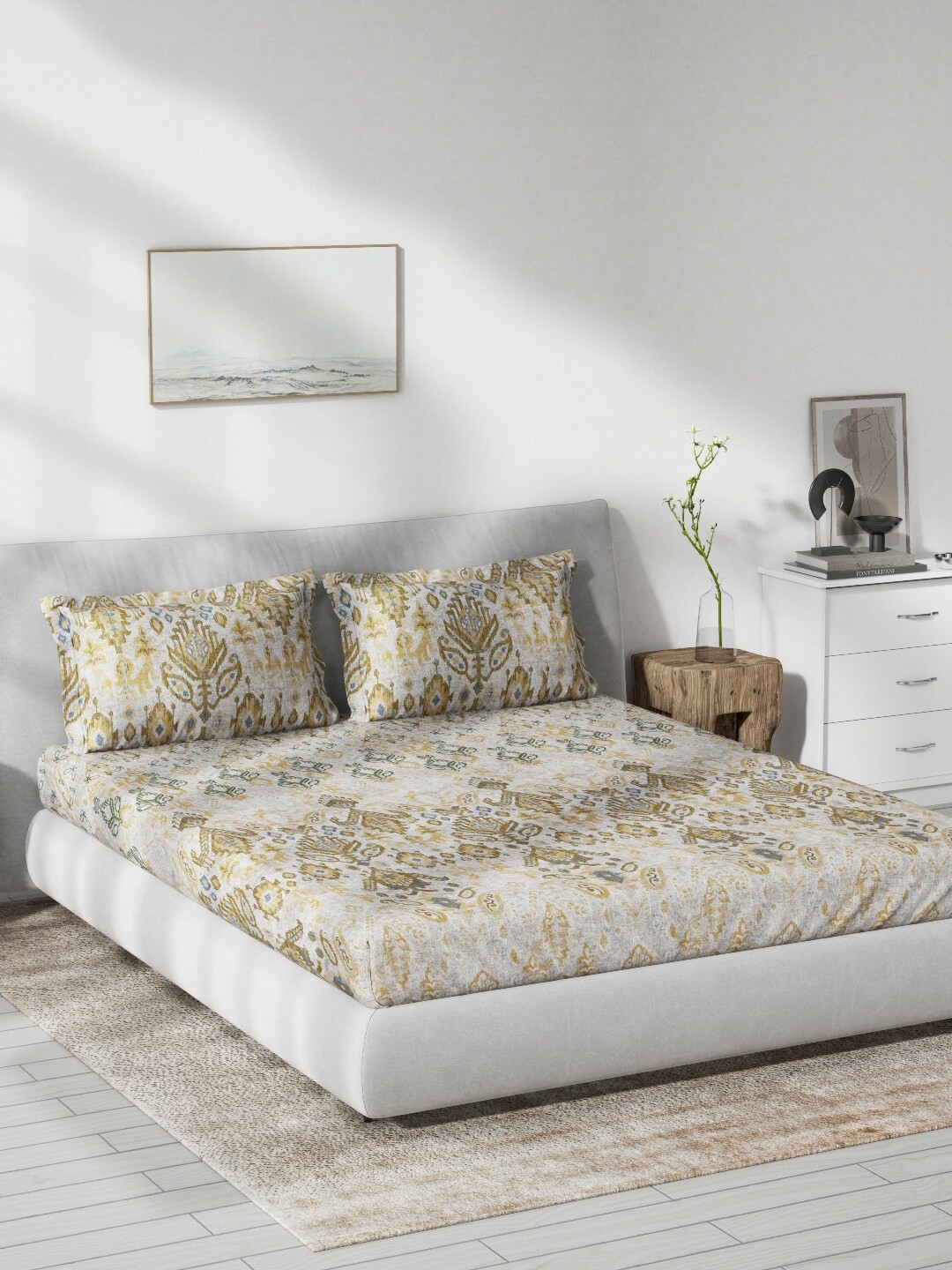 

DDecor Yellow & Cream-Coloured Ethnic Motifs 130 TC Queen Bedsheet with 2 Pillow Covers