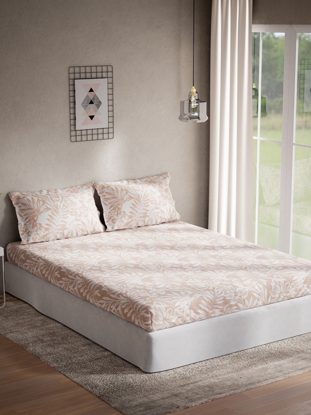 

DDecor White & Beige Floral 130 TC Queen Bedsheet with 2 Pillow Covers